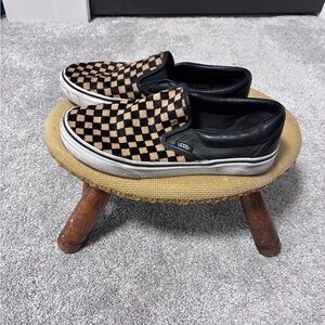 RARE Vans Black and Tan Checkerboard Slip-Ons, Calf Hair/ Leather, M7, W8.5